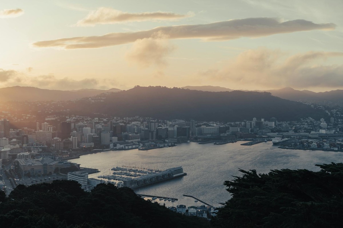 Breathtaking aerial view of Wellington, New Zealand at sunset showcasing the city and waterfront.