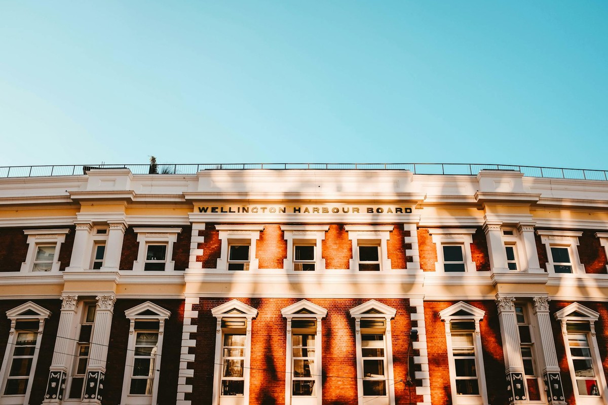 Stunning view of Wellington Harbour Board's historic facade in light and shadow.