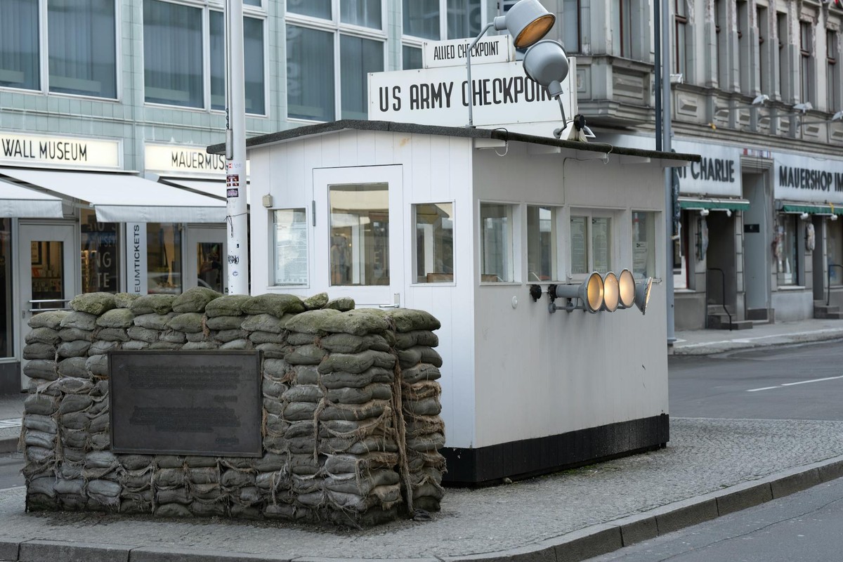 Historic US Army checkpoint at Berlin's Mauermuseum near former Berlin Wall.