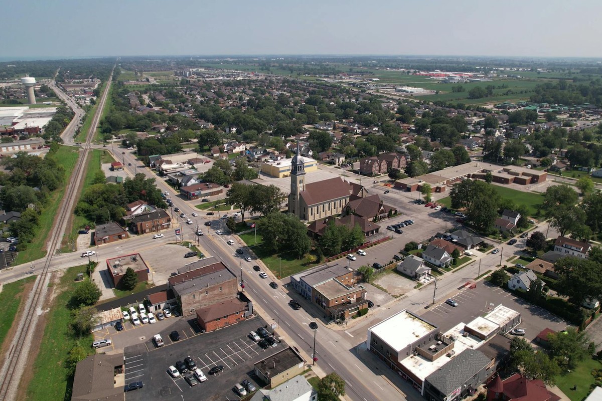 Aerial view of a suburban neighborhood in Windsor, Ontario during summer.