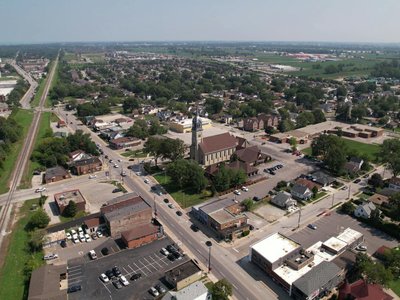 Aerial view of a suburban neighborhood in Windsor, Ontario during summer.