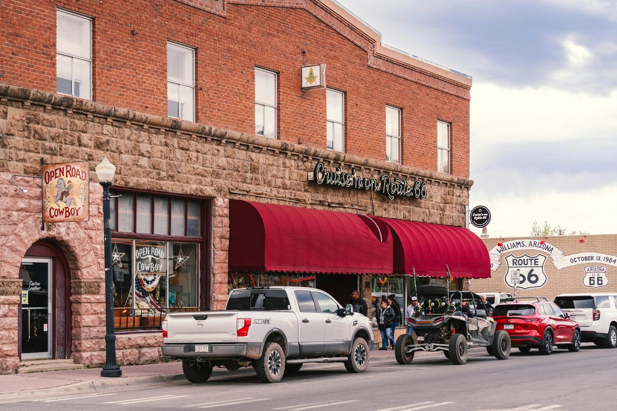 View of a historic diner and storefront along Route 66 in Williams, Arizona.