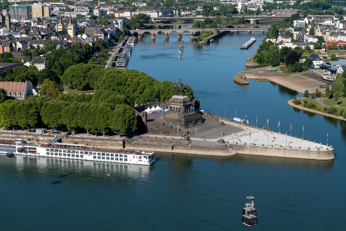 Stunning aerial shot of Deutsches Eck, where the Moselle meets the Rhine, in Koblenz, Germany.