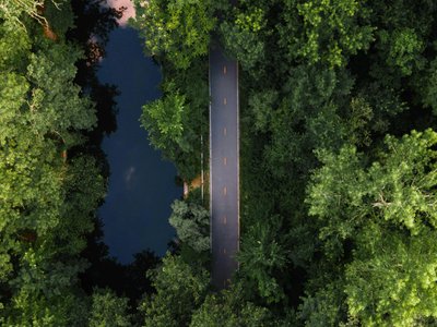 Breathtaking aerial shot of a road cutting through dense green forest in Pawtucket, RI.