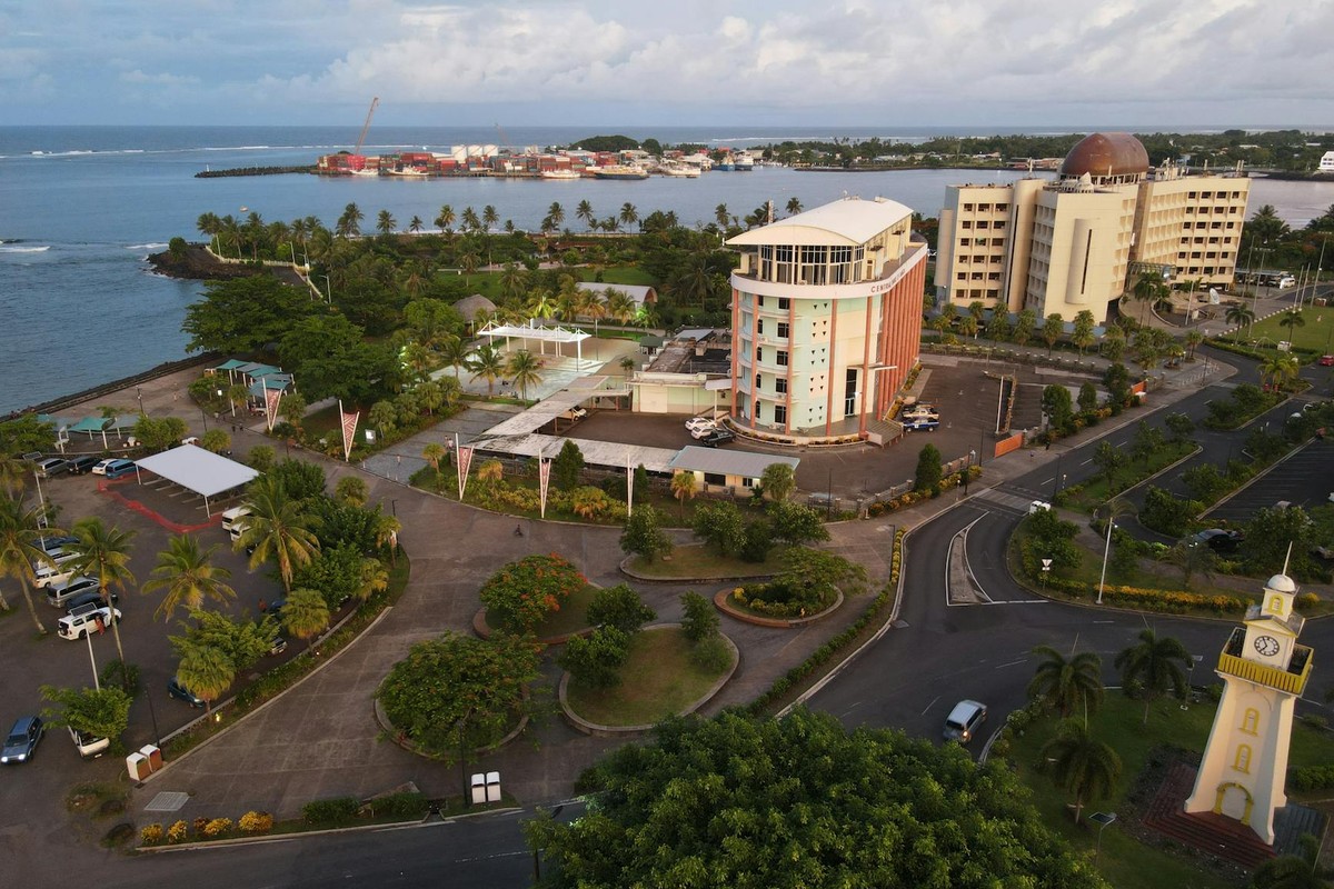 Stunning aerial view of Apia, Samoa featuring coastal cityscape and landmarks.