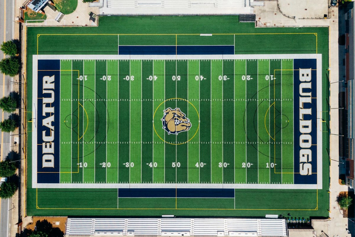 Top-down view of Decatur High School's Bulldogs football field in Georgia, USA.