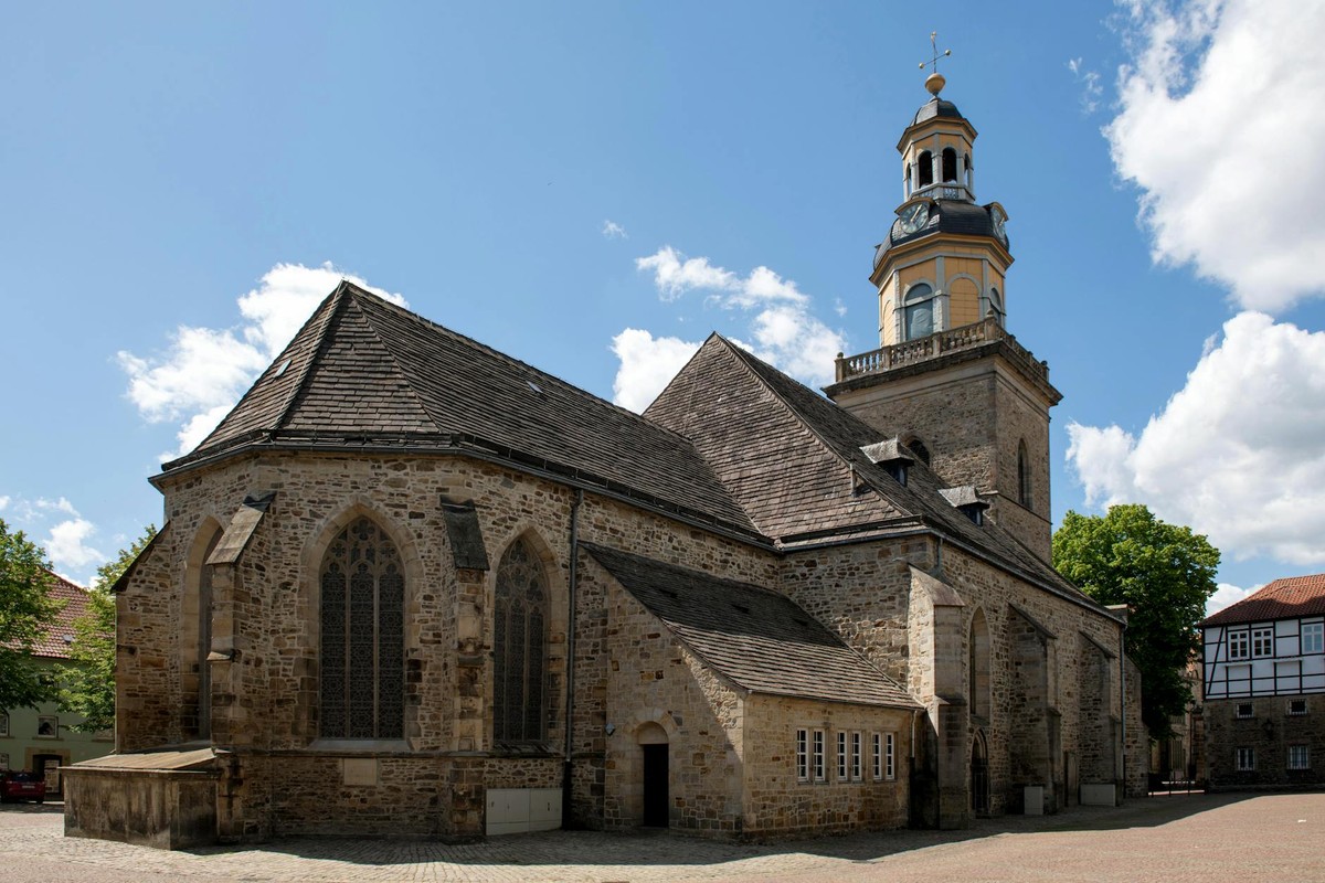 Charming stone church with steeple in historic Rinteln, Niedersachsen, Germany.