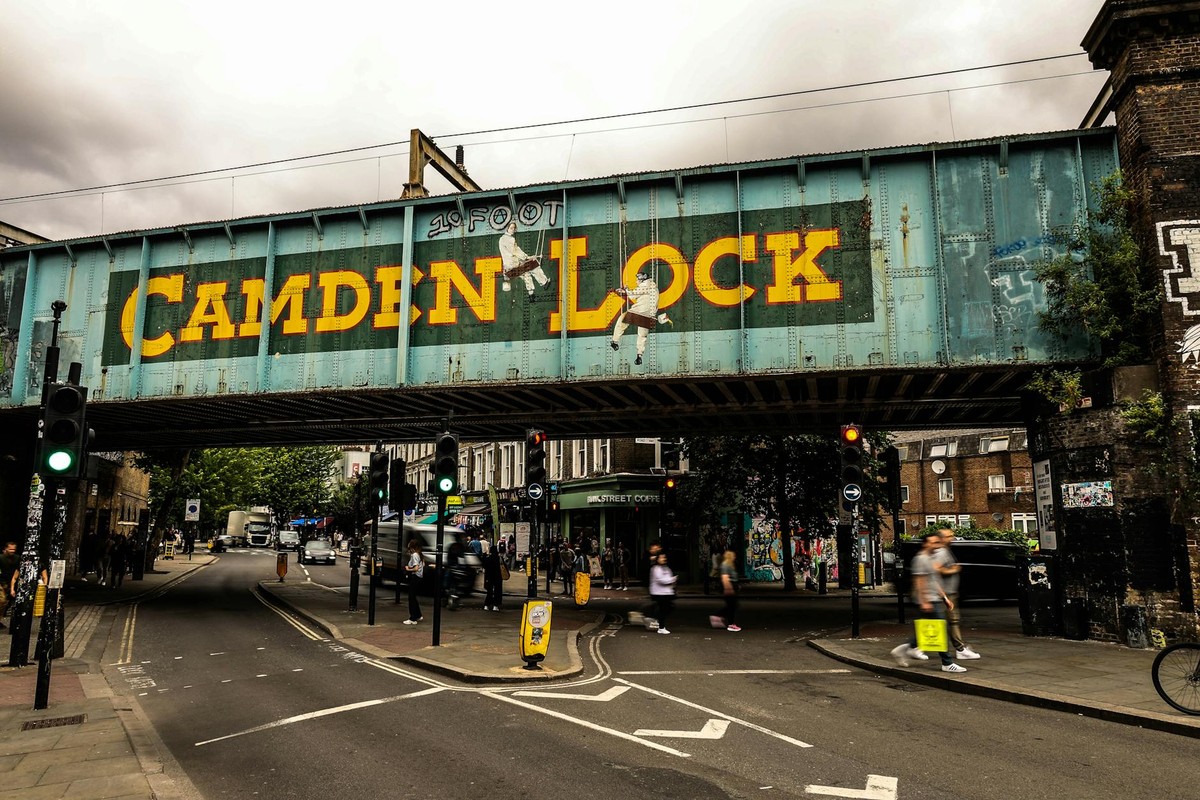 Vibrant city scene at Camden Lock Bridge in London, highlighting urban life.