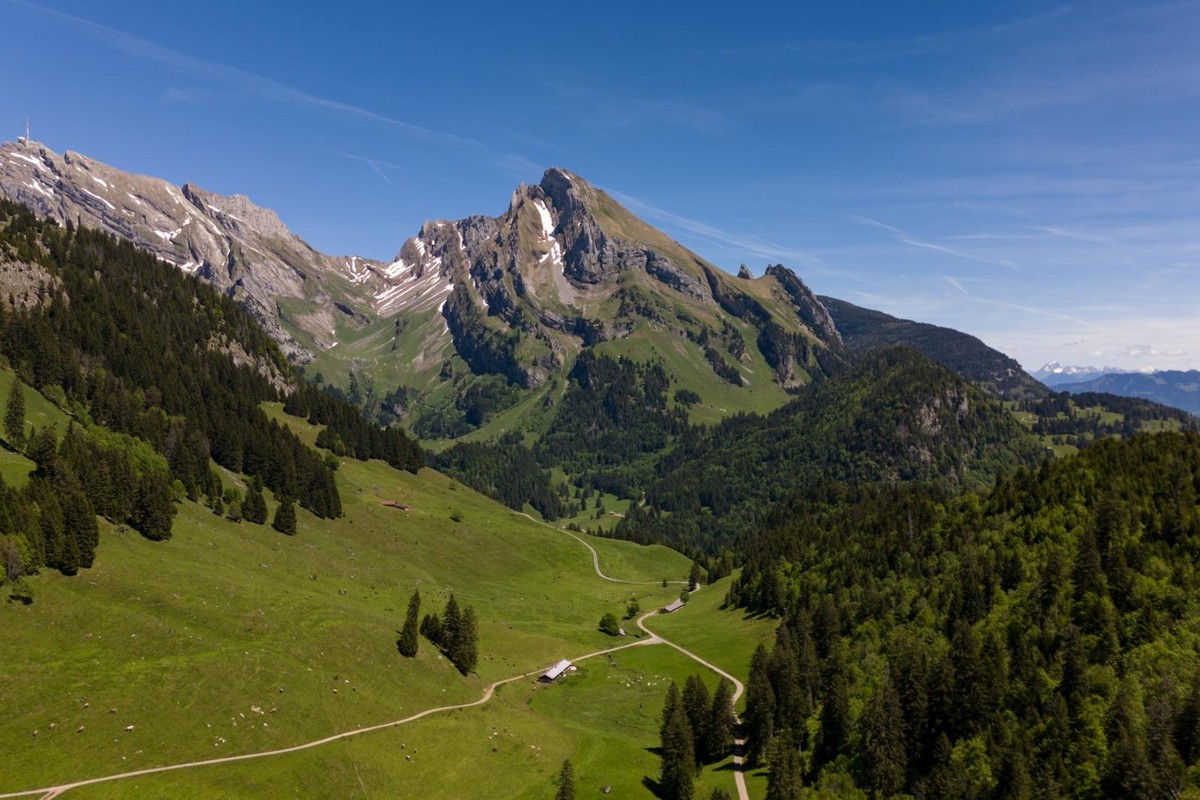A stunning panoramic view of the Alpstein mountains during summer in Switzerland.