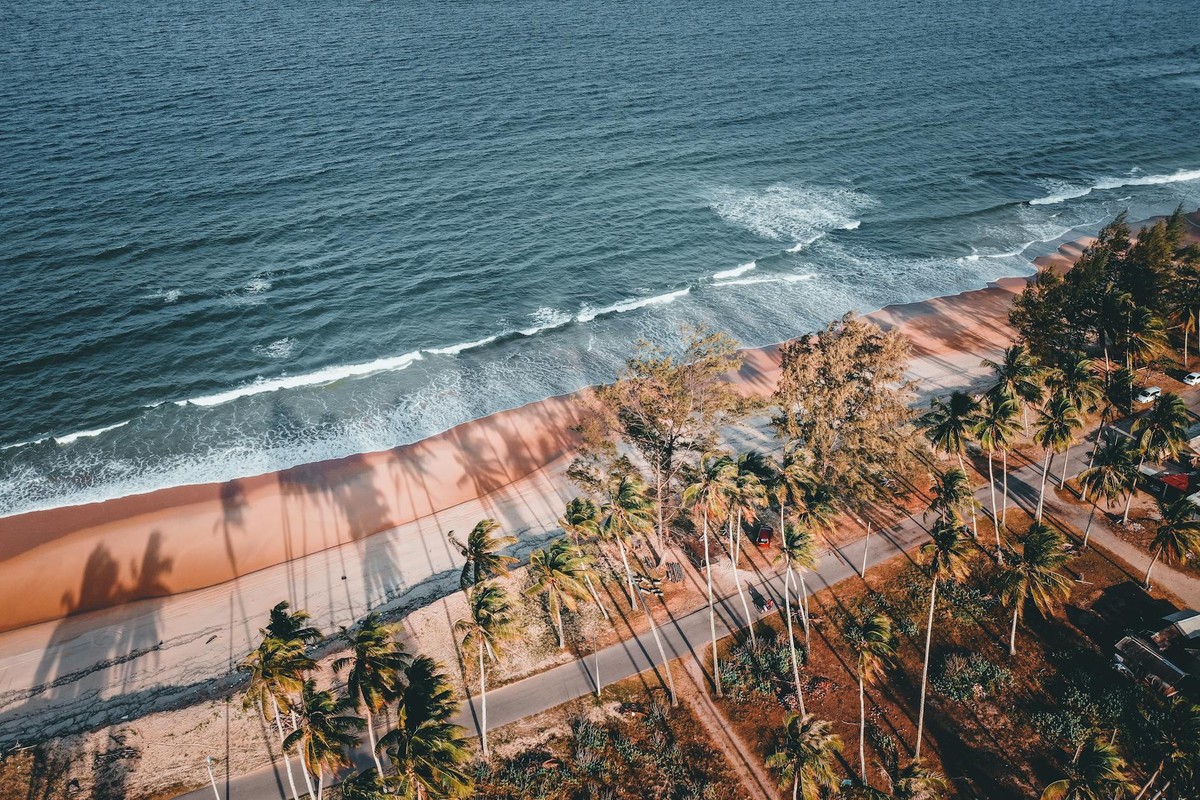 Drone shot of Kijal's serene coastline with palm trees and gentle waves.