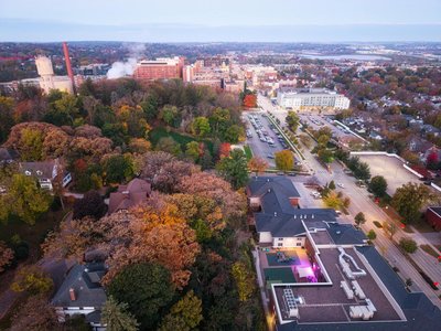 Aerial view showcasing the urban and natural landscape of Rochester, Minnesota during fall.