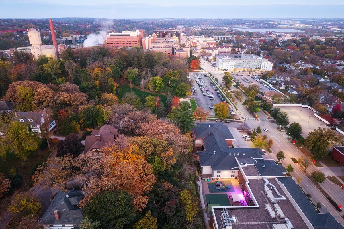 Aerial view showcasing the urban and natural landscape of Rochester, Minnesota during fall.