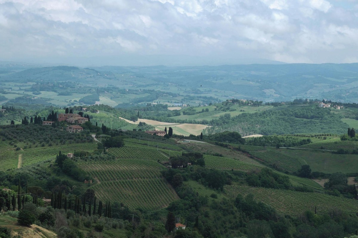 Stunning aerial shot of Tuscany's rural landscape with vineyards and rolling hills under a cloudy sky.