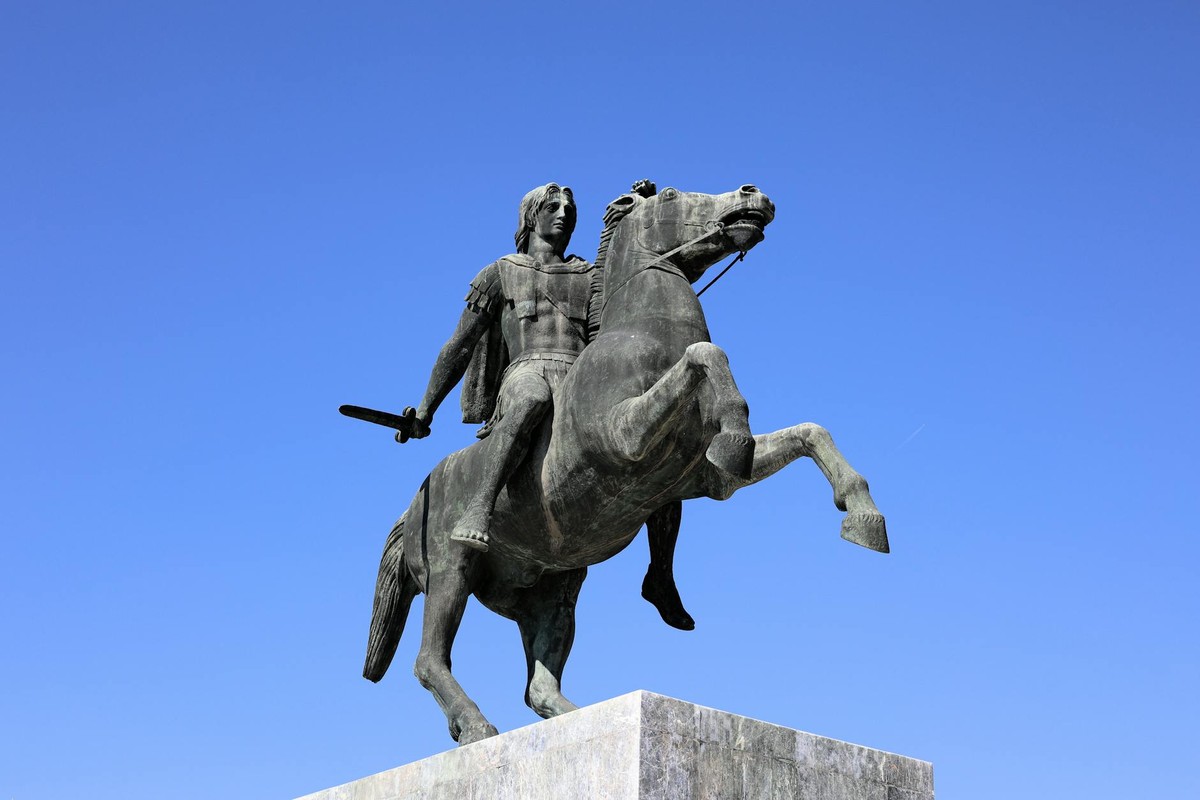 Majestic statue of Alexander the Great on horseback, Thessaloniki, Greece.