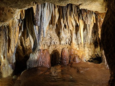 Explore the captivating stalactites and formations inside a Blue Mounds cave in Wisconsin.
