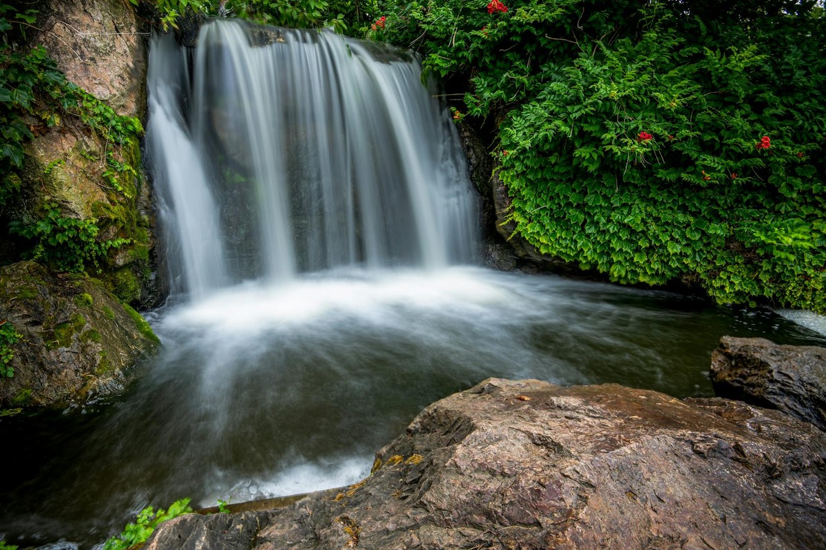 Picturesque view of cascade with rapid water flows in mounts with blooming flowers in summer