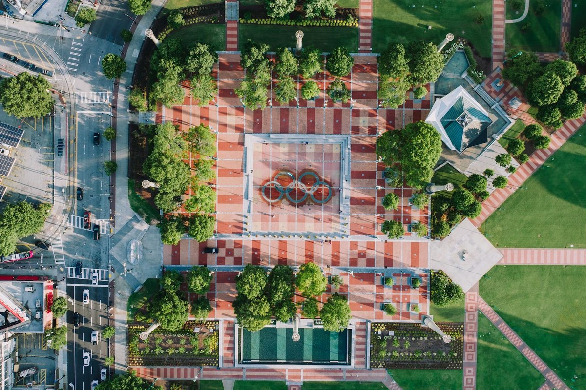 Stunning aerial view of Centennial Olympic Park in Atlanta, showcasing its design and greenery.