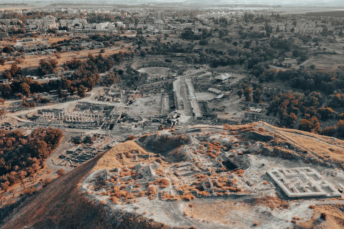 Stunning aerial shot of ancient ruins in Beit She'an, Israel, showcasing historical architecture.