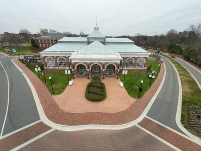 Aerial view of High Point University with brick architecture and roads in North Carolina.