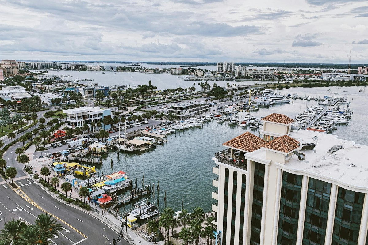 Panoramic aerial view of Clearwater Marina, showcasing the vibrant cityscape and coastline.