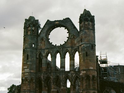 Capture of the majestic ruins of Elgin Cathedral against a cloudy Scottish sky.