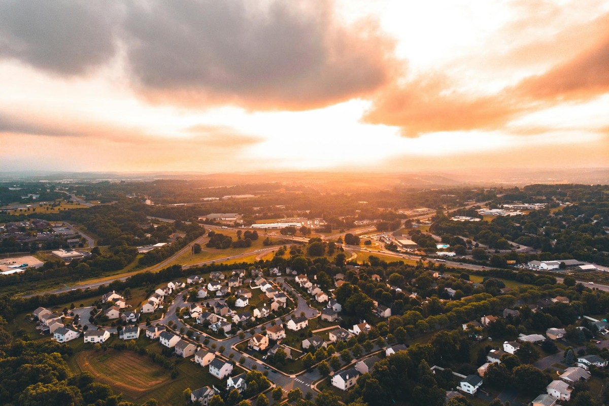 Stunning aerial photograph capturing a residential area in Allentown, PA during sunset.