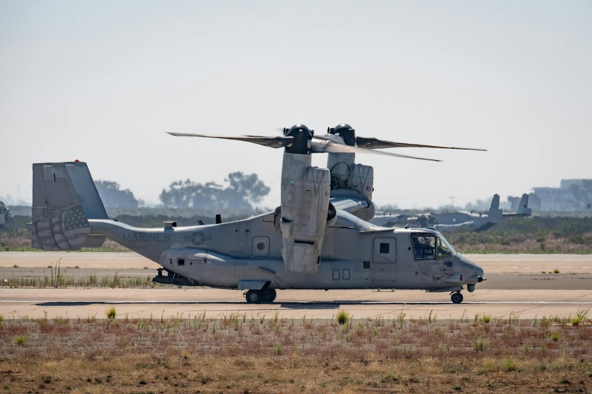 Bell Boeing V-22 Osprey tiltrotor aircraft stationed on Miramar airfield.
