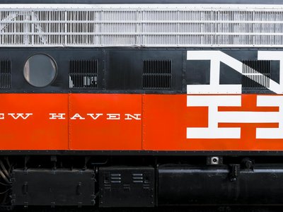 Close-up view of New Haven locomotive at Danbury Railway Museum, Connecticut.