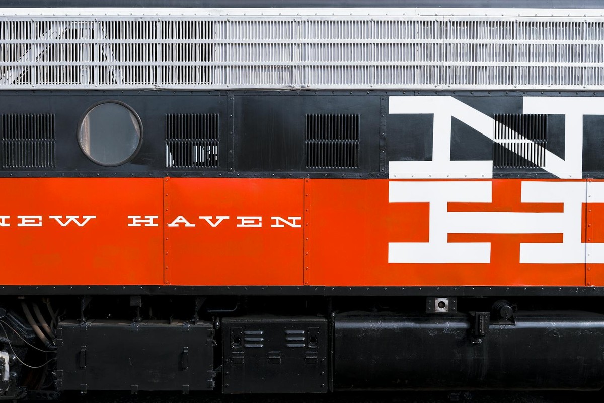 Close-up view of New Haven locomotive at Danbury Railway Museum, Connecticut.