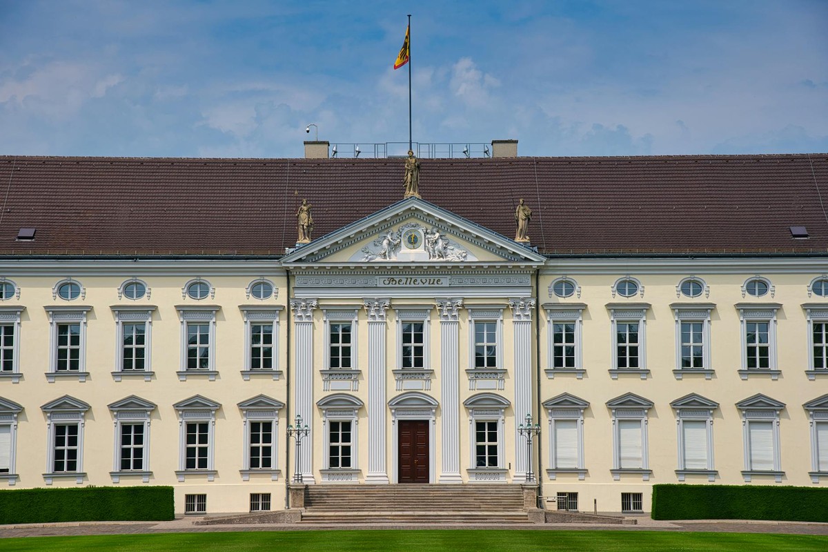Bellevue Palace in Berlin, Germany, with blue sky and green lawns.