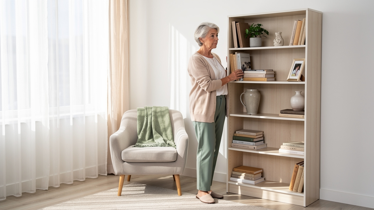 Woman thoughtfully choosing what to keep while downsizing