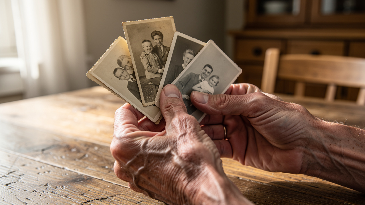 Elderly hands holding treasured family photographs during downsizing
