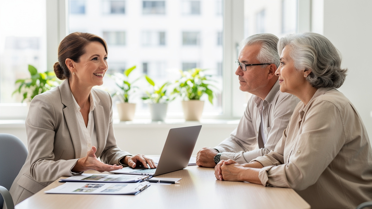 Senior couple consulting with real estate agent about selling options