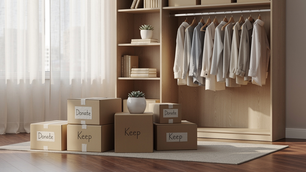 Organized bedroom with decluttered closet and donation boxes