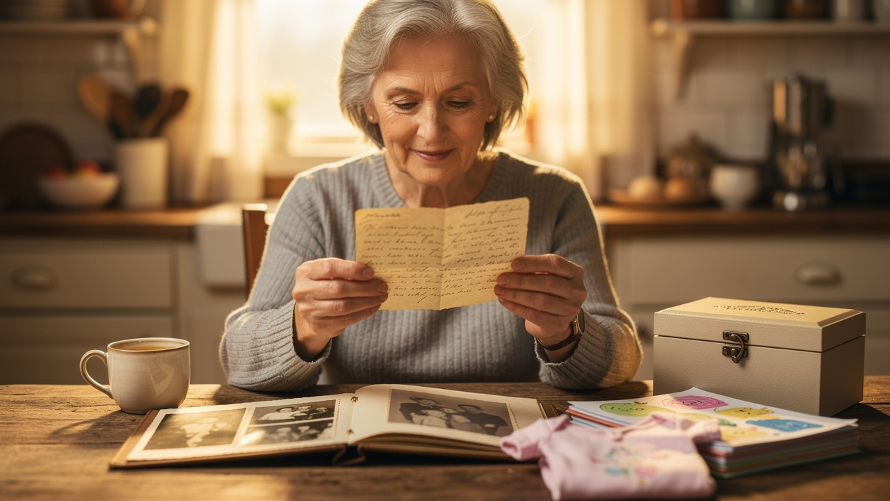 Grandmother sorting sentimental letters and photos at kitchen table