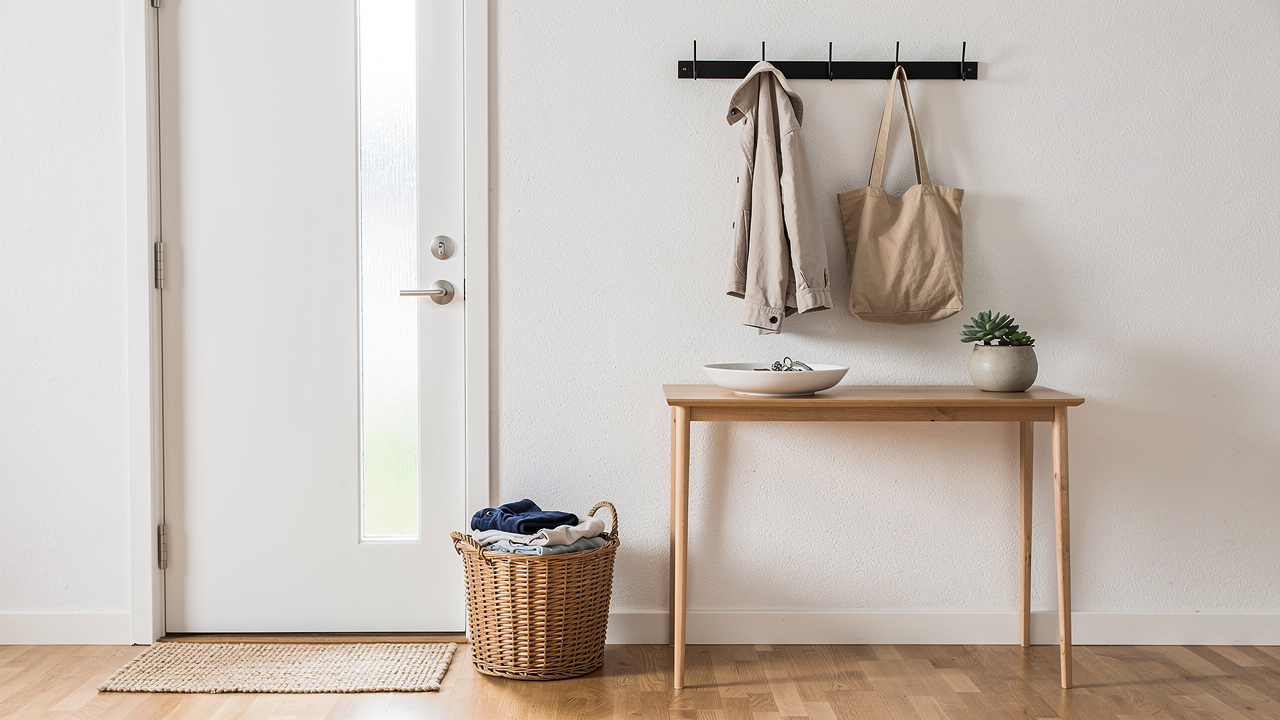 Clean minimalist home entryway with organized hooks and donation basket