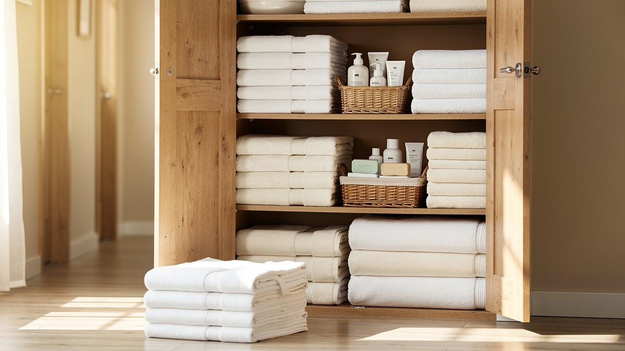 Neatly organized linen closet after successful decluttering session