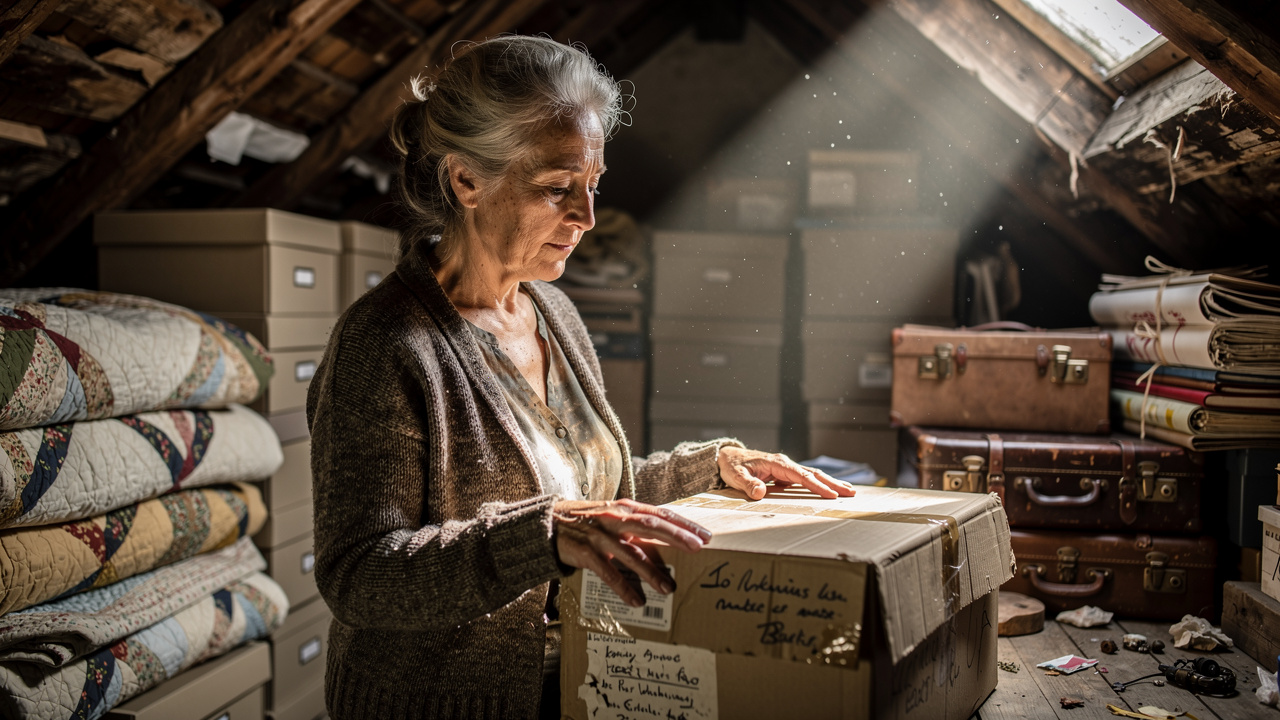Older woman reflecting among sentimental belongings in home attic