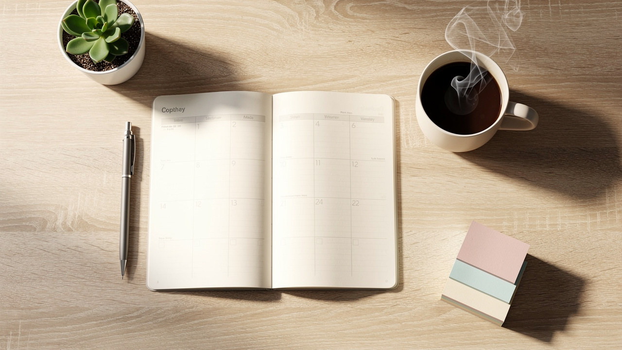 Organized planning journal and coffee on desk for decluttering timeline