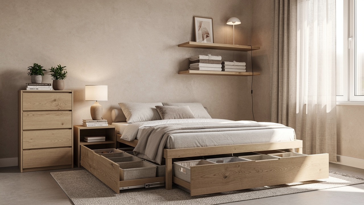 Small bedroom with smart under-bed storage drawers