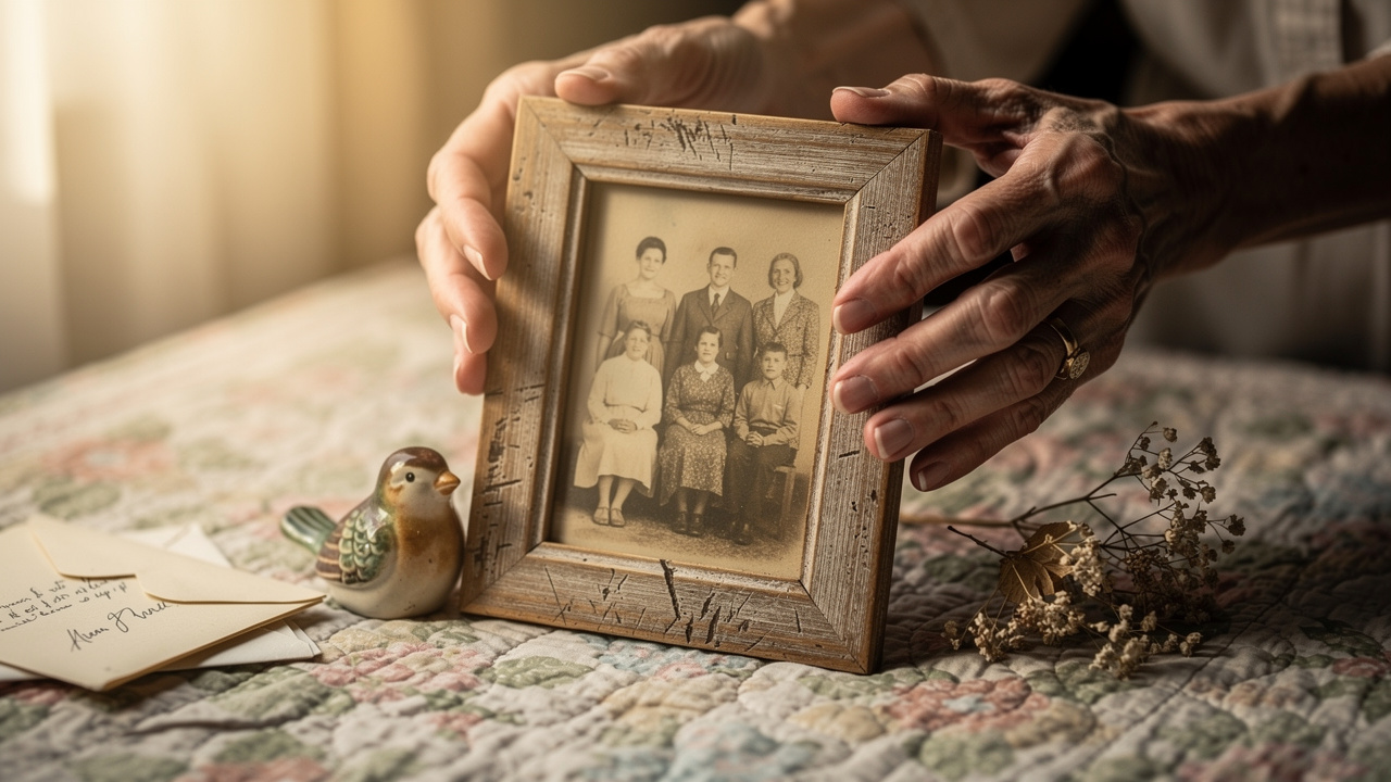 Aging hands holding cherished family photo during downsizing