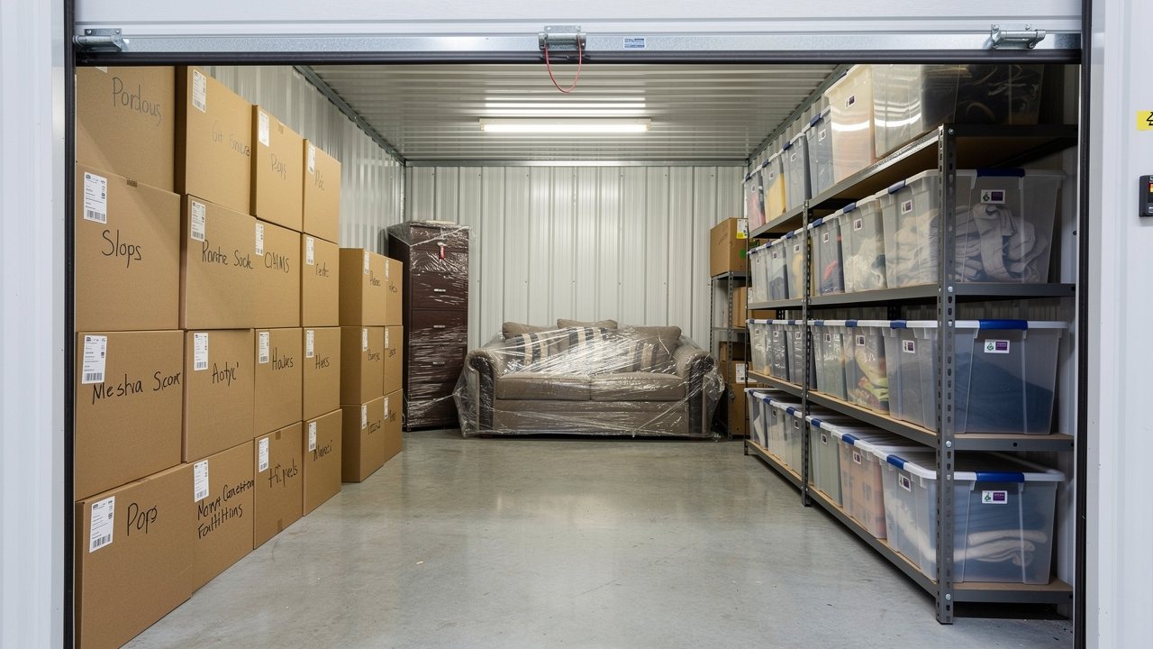 Neat and labeled self-storage unit during downsizing move