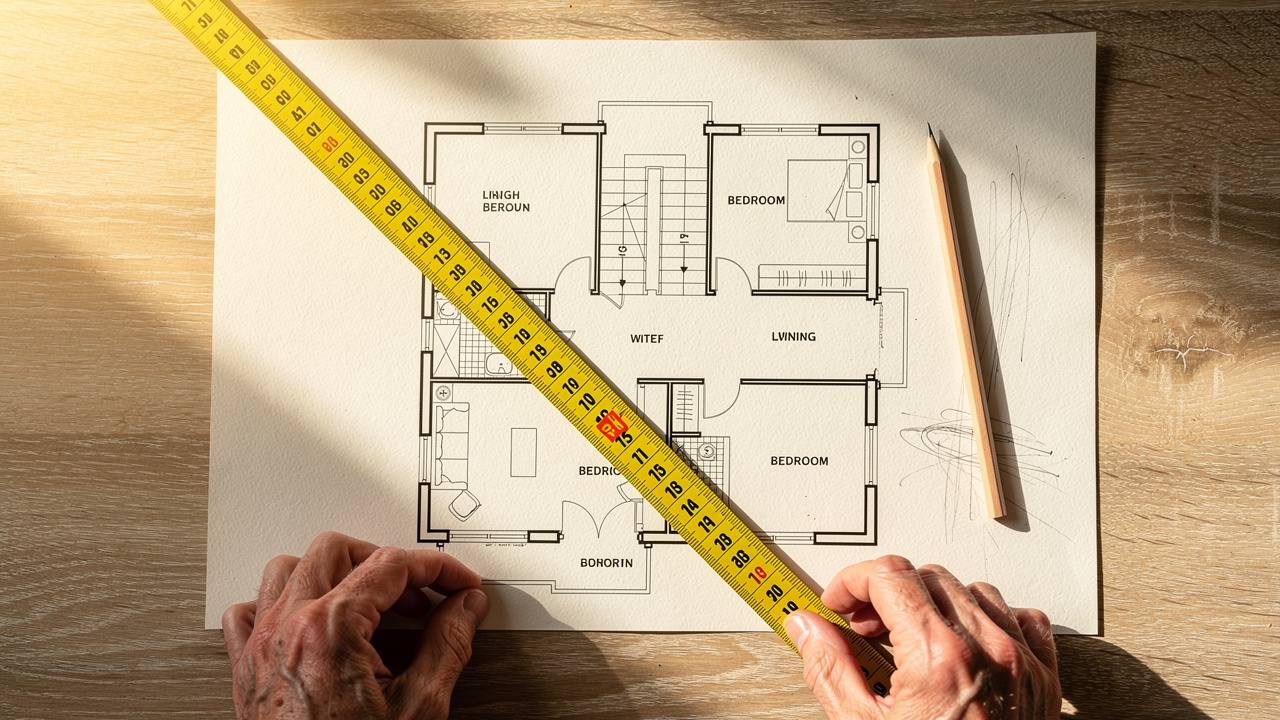 Older adult reviewing floor plan with measuring tape