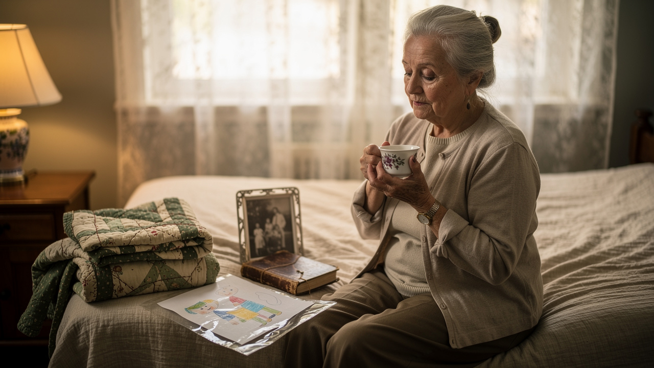 Elderly woman holding sentimental teacup surrounded by cherished mementos