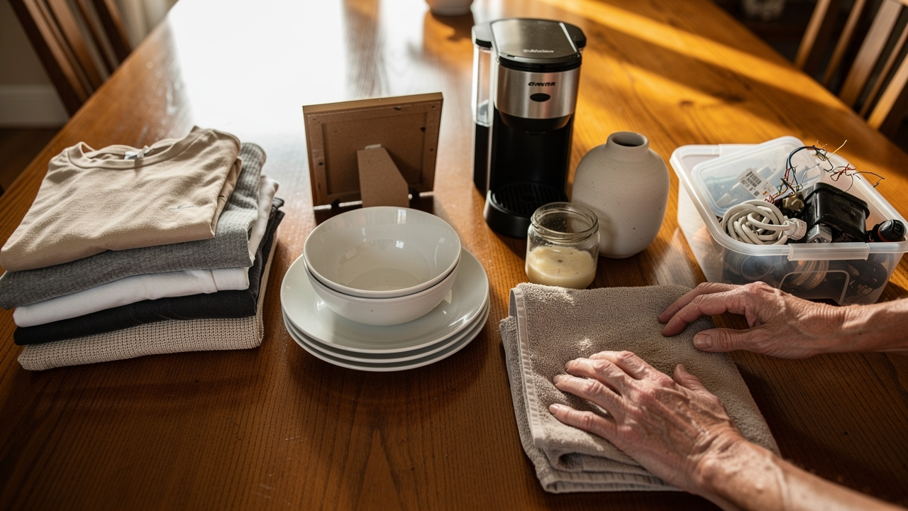 Four piles of household items sorted on a dining table