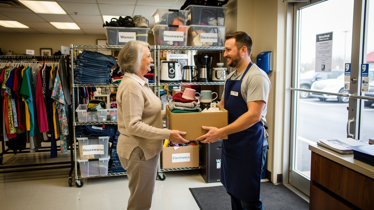 Senior woman donating box of items at a thrift store