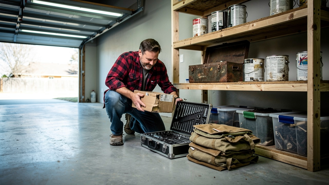 Man sorting through low-emotion items in a garage during downsize