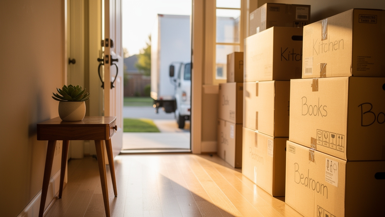 Organized moving day hallway with stacked boxes and open front door showing moving truck