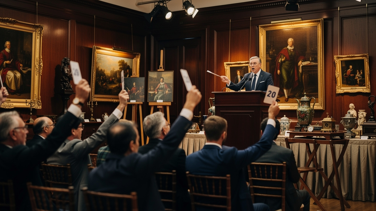 Bidders raising numbered paddles at a live estate auction in a gallery