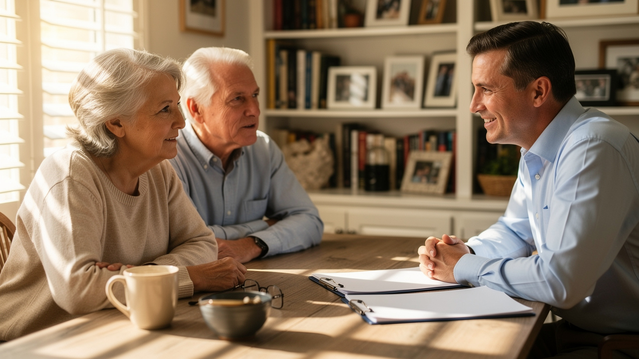 Senior couple meeting with professional estate consultant at their dining table